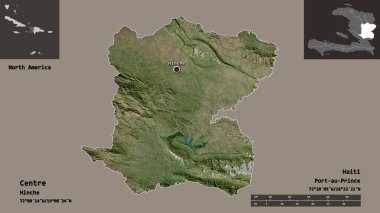 Merkez, Haiti Bölümü ve başkenti. Uzaklık ölçeği, ön gösterimler ve etiketler. Uydu görüntüleri. 3B görüntüleme