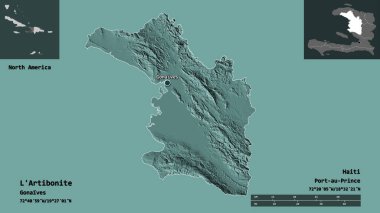 L 'Artibonite, Haiti Bölümü ve başkenti. Uzaklık ölçeği, ön gösterimler ve etiketler. Renkli yükseklik haritası. 3B görüntüleme