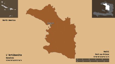 L 'Artibonite, Haiti Bölümü ve başkenti. Uzaklık ölçeği, ön gösterimler ve etiketler. Desenli dokuların bileşimi. 3B görüntüleme