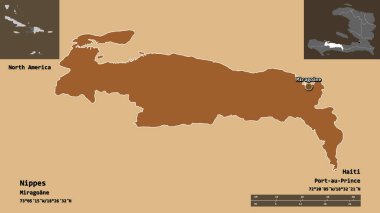 Nippes 'in şekli, Haiti Bölümü ve başkenti. Uzaklık ölçeği, ön gösterimler ve etiketler. Desenli dokuların bileşimi. 3B görüntüleme