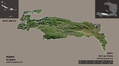 Nippes 'in şekli, Haiti Bölümü ve başkenti. Uzaklık ölçeği, ön gösterimler ve etiketler. Uydu görüntüleri. 3B görüntüleme