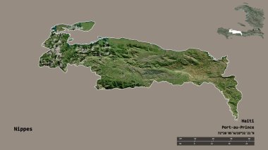Nippes 'in şekli, Haiti Bölümü, sermayesi sağlam arka planda izole edilmiş. Uzaklık ölçeği, bölge önizlemesi ve etiketleri. Uydu görüntüleri. 3B görüntüleme
