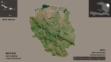 Nord-Est 'in şekli, Haiti Bölümü ve başkenti. Uzaklık ölçeği, ön gösterimler ve etiketler. Uydu görüntüleri. 3B görüntüleme