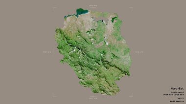 Nord-Est bölgesi, Haiti departmanı, jeoreferatlı bir sınır kutusunda sağlam bir arka planda izole edilmiş. Etiketler. Uydu görüntüleri. 3B görüntüleme