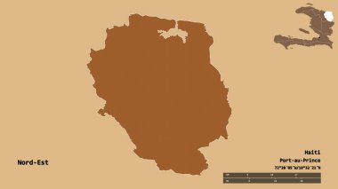 Nord-Est 'in şekli, Haiti departmanı, sermayesi sağlam arka planda izole edilmiş. Uzaklık ölçeği, bölge önizlemesi ve etiketleri. Desenli dokuların bileşimi. 3B görüntüleme