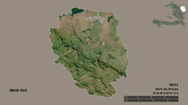 Nord-Est 'in şekli, Haiti departmanı, sermayesi sağlam arka planda izole edilmiş. Uzaklık ölçeği, bölge önizlemesi ve etiketleri. Uydu görüntüleri. 3B görüntüleme