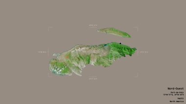 Nord 'Ouest Bölgesi, Haiti Bölgesi, sağlam bir arka planda izole edilmiş bir sınır kutusunda. Etiketler. Uydu görüntüleri. 3B görüntüleme