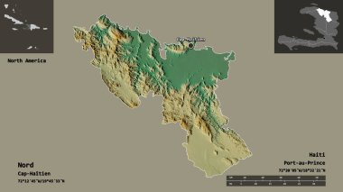 Nord 'un şekli, Haiti Bölümü ve başkenti. Uzaklık ölçeği, ön gösterimler ve etiketler. Topografik yardım haritası. 3B görüntüleme
