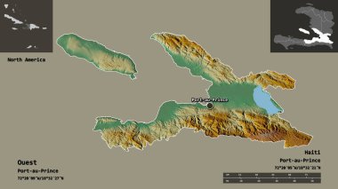 Ouest 'in şekli, Haiti Bölümü ve başkenti. Uzaklık ölçeği, ön gösterimler ve etiketler. Topografik yardım haritası. 3B görüntüleme