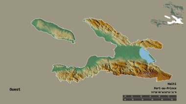Ouest 'in şekli, Haiti Bölümü, sermayesi sağlam arka planda izole edilmiş. Uzaklık ölçeği, bölge önizlemesi ve etiketleri. Topografik yardım haritası. 3B görüntüleme