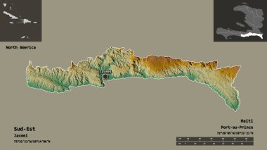 Sud-Est 'in şekli, Haiti Bölümü ve başkenti. Uzaklık ölçeği, ön gösterimler ve etiketler. Topografik yardım haritası. 3B görüntüleme