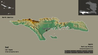 Sud 'un şekli, Haiti Bölümü ve başkenti. Uzaklık ölçeği, ön gösterimler ve etiketler. Topografik yardım haritası. 3B görüntüleme