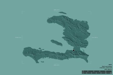 Haiti bölgesi, jeoreferatlı bir sınır kutusunda sağlam bir zeminde izole edilmiş. Ana bölgesel bölüm, mesafe ölçeği, etiketler. Renkli yükseklik haritası. 3B görüntüleme