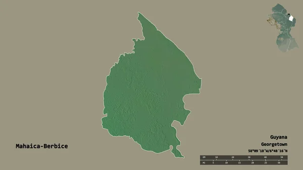 ガイアナ地方のマハイカ ベルビツェの形で その首都はしっかりとした背景に隔離されています 距離スケール リージョンプレビュー およびラベル 地形図 3Dレンダリング — ストック写真