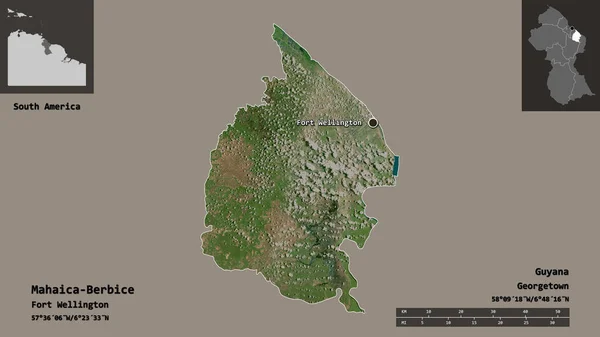 圭亚那地区Mahaica Berbice的形状及其首都 距离刻度 预览和标签 卫星图像 3D渲染 — 图库照片
