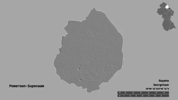 圭亚那地区Pomeroon Supenlin的形状 其首都在坚实的背景下与世隔绝 距离尺度 区域预览和标签 Bilevel高程图 3D渲染 — 图库照片