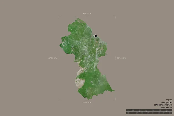 ガイアナの地域は 洗練された境界の箱の中の強固な背景に隔離されました 主な地域部門 距離スケール ラベル 衛星画像 3Dレンダリング — ストック写真