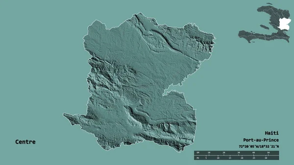 ハイチの中央部の形で その首都はしっかりとした背景に隔離されています 距離スケール リージョンプレビュー およびラベル 色の標高マップ 3Dレンダリング — ストック写真