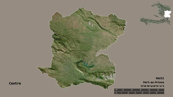 ハイチの中央部の形で その首都はしっかりとした背景に隔離されています 距離スケール リージョンプレビュー およびラベル 衛星画像 3Dレンダリング — ストック写真