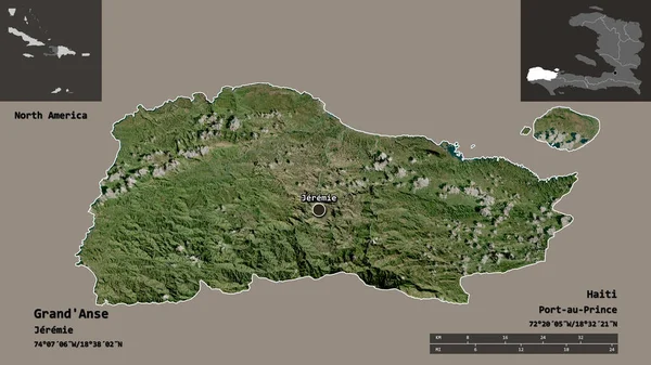 Grand 'Anse, Haiti Bölümü ve başkenti. Uzaklık ölçeği, ön gösterimler ve etiketler. Uydu görüntüleri. 3B görüntüleme