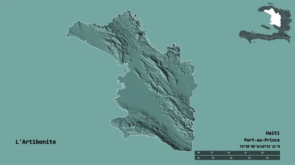 ハイチの省であるL Artiboniteの形は その首都をしっかりとした背景に隔離されています 距離スケール リージョンプレビュー およびラベル 色の標高マップ 3Dレンダリング — ストック写真