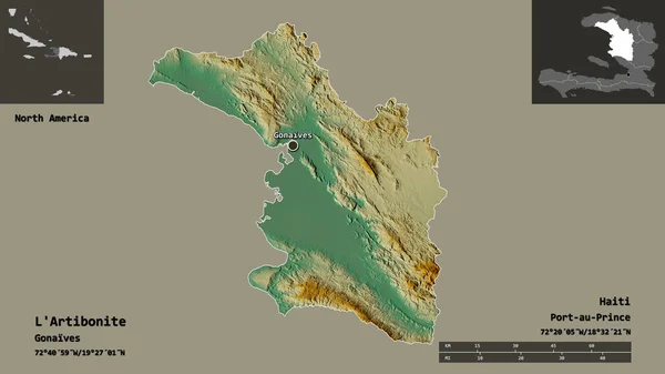 海地省的拉蒂博尼特及其首都的形状 距离刻度 预览和标签 地形浮雕图 3D渲染 — 图库照片