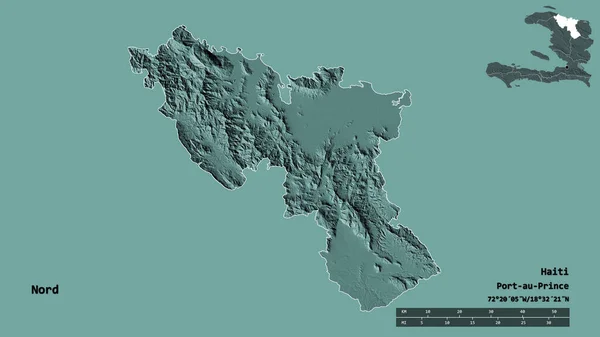 海地省北部的形状 其首都在坚实的背景下与世隔绝 距离尺度 区域预览和标签 彩色高程图 3D渲染 — 图库照片