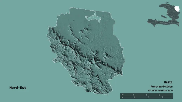 海地省东北部的形状 其首都在坚实的背景下与世隔绝 距离尺度 区域预览和标签 彩色高程图 3D渲染 — 图库照片