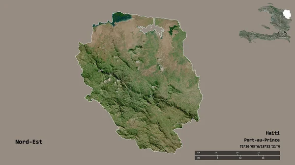 ハイチの北東部の形で その首都はしっかりとした背景に隔離されています 距離スケール リージョンプレビュー およびラベル 衛星画像 3Dレンダリング — ストック写真