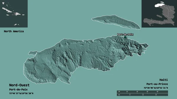 ハイチとその首都の北西部の形 距離スケール プレビューおよびラベル 色の標高マップ 3Dレンダリング — ストック写真