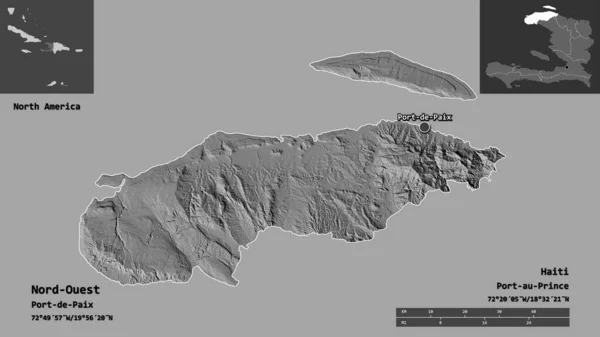 ハイチとその首都の北西部の形 距離スケール プレビューおよびラベル 標高マップ 3Dレンダリング — ストック写真