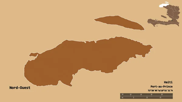ハイチの北西部の形は その資本がしっかりとした背景に隔離されています 距離スケール リージョンプレビュー およびラベル パターン化されたテクスチャの構成 3Dレンダリング — ストック写真