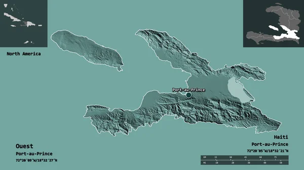 海地西部省及其首都的形状 距离刻度 预览和标签 彩色高程图 3D渲染 — 图库照片