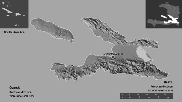 海地西部省及其首都的形状 距离刻度 预览和标签 Bilevel高程图 3D渲染 — 图库照片