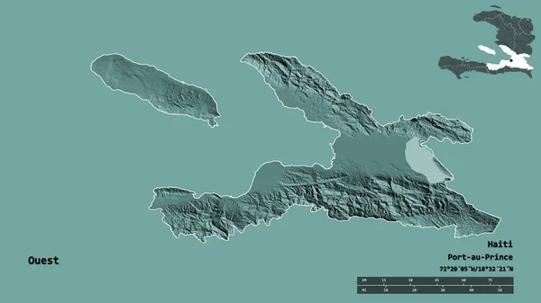 ハイチの首都であるアウエストの形は しっかりとした背景に隔離されています 距離スケール リージョンプレビュー およびラベル 色の標高マップ 3Dレンダリング — ストック写真