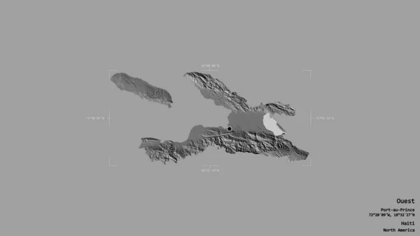 ハイチ省のアウエスト地区は 地理的に結合された箱の中にしっかりとした背景に隔離されています ラベル 標高マップ 3Dレンダリング — ストック写真