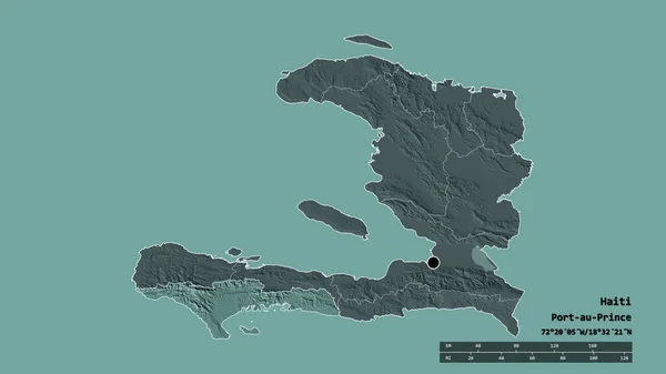 主要地域部門 分離されたスード地域でハイチの荒廃した形 ラベル 色の標高マップ 3Dレンダリング — ストック写真