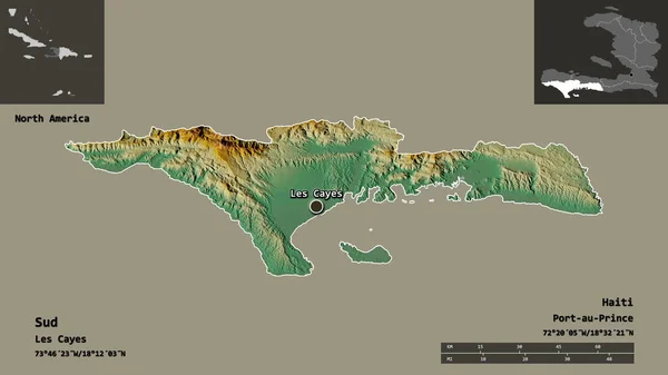 Sud Alakja Haiti Megye Fővárosa Távolsági Skála Előnézet Címkék Topográfiai — Stock Fotó