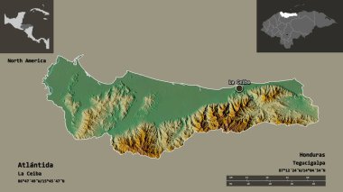 Atlantida 'nın şekli, Honduras Departmanı ve başkenti. Uzaklık ölçeği, ön gösterimler ve etiketler. Topografik yardım haritası. 3B görüntüleme