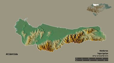 Atlantida 'nın şekli, Honduras Departmanı, sermayesi sağlam arka planda izole edilmiş. Uzaklık ölçeği, bölge önizlemesi ve etiketleri. Topografik yardım haritası. 3B görüntüleme