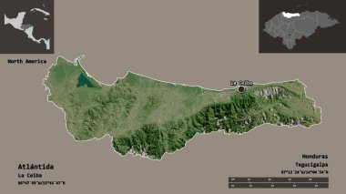 Atlantida 'nın şekli, Honduras Departmanı ve başkenti. Uzaklık ölçeği, ön gösterimler ve etiketler. Uydu görüntüleri. 3B görüntüleme