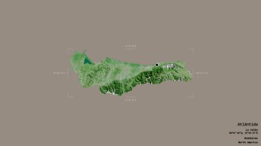 Atlantida bölgesi, Honduras departmanı, jeoreferatlı bir sınır kutusunda sağlam bir arka planda izole edilmiş. Etiketler. Uydu görüntüleri. 3B görüntüleme