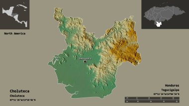 Choluteca 'nın şekli, Honduras Bölümü ve başkenti. Uzaklık ölçeği, ön gösterimler ve etiketler. Topografik yardım haritası. 3B görüntüleme