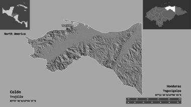 İki nokta üst üste, Honduras Bölümü ve başkenti. Uzaklık ölçeği, ön gösterimler ve etiketler. Çift seviyeli yükseklik haritası. 3B görüntüleme