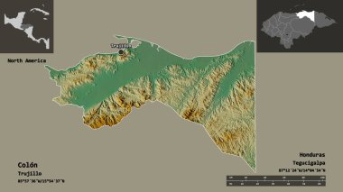 İki nokta üst üste, Honduras Bölümü ve başkenti. Uzaklık ölçeği, ön gösterimler ve etiketler. Topografik yardım haritası. 3B görüntüleme