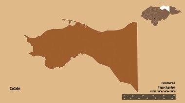 Kolon şekli, Honduras departmanı, sermayesi sağlam arka planda izole edilmiş. Uzaklık ölçeği, bölge önizlemesi ve etiketleri. Desenli dokuların bileşimi. 3B görüntüleme