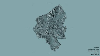 Copan bölgesi, Honduras departmanı, sağlam bir arka planda izole edilmiş bir sınır kutusunda. Etiketler. Renkli yükseklik haritası. 3B görüntüleme