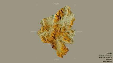 Copan bölgesi, Honduras departmanı, sağlam bir arka planda izole edilmiş bir sınır kutusunda. Etiketler. Topografik yardım haritası. 3B görüntüleme
