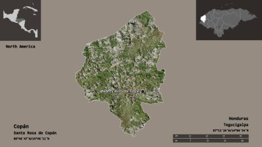Copan 'ın şekli, Honduras Bölümü ve başkenti. Uzaklık ölçeği, ön gösterimler ve etiketler. Uydu görüntüleri. 3B görüntüleme