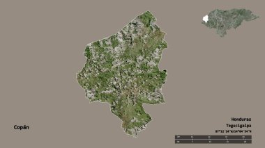 Copan 'ın şekli, Honduras Departmanı, sermayesi sağlam arka planda izole edilmiş. Uzaklık ölçeği, bölge önizlemesi ve etiketleri. Uydu görüntüleri. 3B görüntüleme